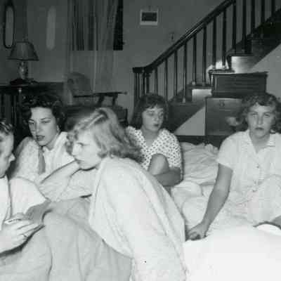 Marilyn Johnson, Carol Chedester, Sue Pringle, Shirley Failor and Joan Worden (front) at Pat Millar's PJ Party on Oct. 23, 1953.