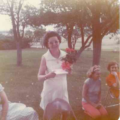 Bea Lamontagne holding flowers with Fair Attwood and Fay LeBaron, of Wayne Garden Club on 06/13/1973 at Wotrings.