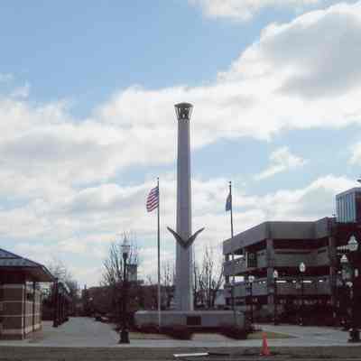 City of Wayne Public Library (left), City of Wayne Parking Structure (right rear) looking east from Wayne Road, US and Michigan Flag poles in foreground