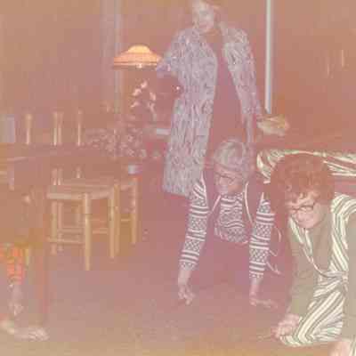 Workshop at Lourae Hillyard's to make arrangments for Greens Market. Margaret Ogden, Bessie Lents and Catherine Krueger on Floor. Mildred Hanchett Standing.