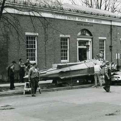 Hoisting the spire onto the church