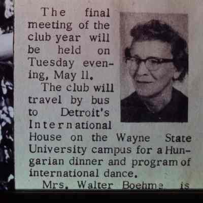 Arche Club article about member Mrs. Walter Boehmz 1965-1966