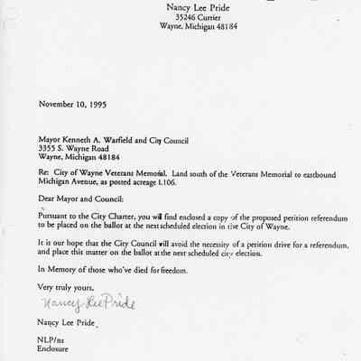 1995 petition to save property south of Peace memorial from development. Nancy Pride