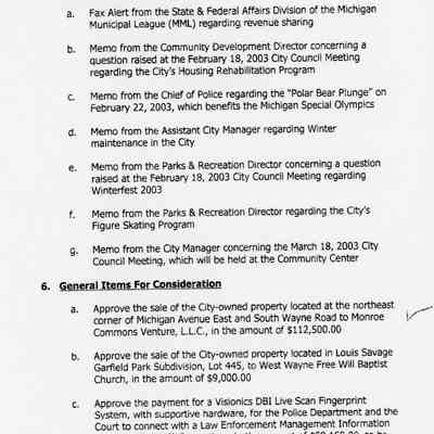 Feb. 28, 2003 city council minutes selling land south of Peace memorial for condos