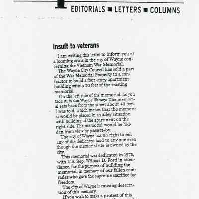 2003 Letter to the editor protesting sale of land south of Peace Memorial. Ron Nickels