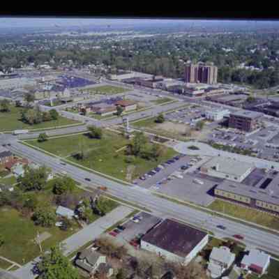 Aerial over Michigan Ave. EB and 2nd, looking NW