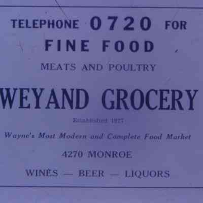 1947 Ad. Weyand Grocery food market. Established 1927.