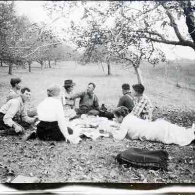 A picnic in an orchard.