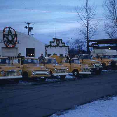 Christmas Decoration, DPW trucks lined up out front