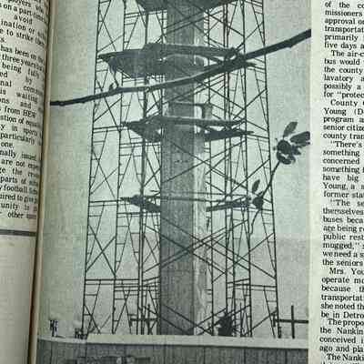 May 1975 photo of scaffolding around tower