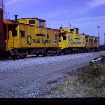 Trains, C&O at Wayne Jct with 3 cabooses in Nov 1985. Chessie System
