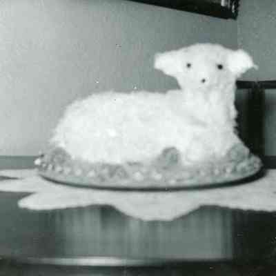 Pat Millar's 'Lamb' Birthday Cake made by her sister at Pat Millar's Birthday Party on Sep. 08, 1953.