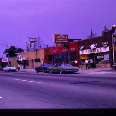 1969. Slide. Burghuff Bar, Ledgerock Restaurant, Hobby Store.