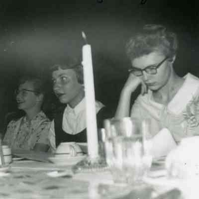 Marlene Bickel, Gloria Frakes and Donna Kuhn at the Cheer Banquet on May 19, 1955.