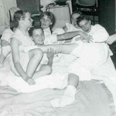 Marilyn Johnson, Barb Apple, Joan Worden, Pat Millar and Barb Sanders at Barb Apple's Pajama Party on Aug. 18, 1952.