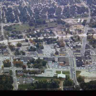 Aerial over Wayne road and The Rouge River, looking South