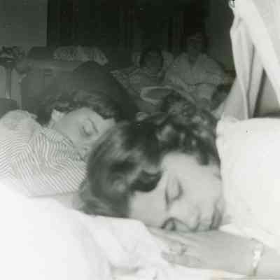 Susie pringle, Roxie Fortine, Joan Worden, Pat Bingel and Maxine Barton at Barb Hileman's PJ Party on March of 1954.