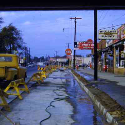 Slide. 1959. Gulf Gas Station, Pride Cleaners, Wayne PArty Store, Rogers Wallpaper and Paint, Ed's Barber Shop