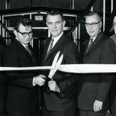 Verne Snyder, James Attwood, A. Marriott, John Vallance, Marritt. Jan 1, 1963. Ribbon cutting for new building