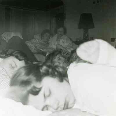 Susie pringle, Roxie Fortine, Pat Bingel and Maxine Barton at Barb Hileman's PJ Party on March of 1954.