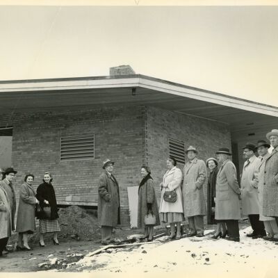 Construction of Library 1957. Duncan Millar 4th person from right in dark hat.