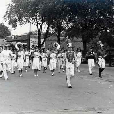 Wayne High School band. 35634 - 35622 Michigan in background (Brick storefronts)