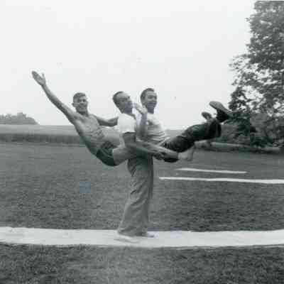 Nick Wiese, Newt and Herkie at the Midwest Cheerleads Camp at Smith & Walbridge in Syracuse, Indiana on June 19, 1953.