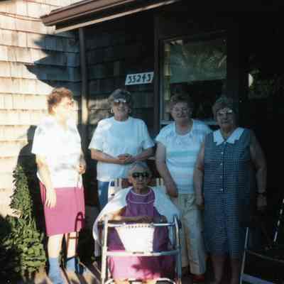 Back row L to R: Thelma, Betty Brown, Betty Marrow and Jean Chambers. Elsie Raymo in front on July 8, 1991.