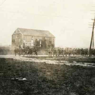 Soldiers marching on Michigan Ave towards Battle Creek Camp