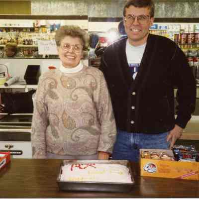 Jean Cobb and her son Ron Jr. at the Cobb Pharmacy on Wayne Road.
