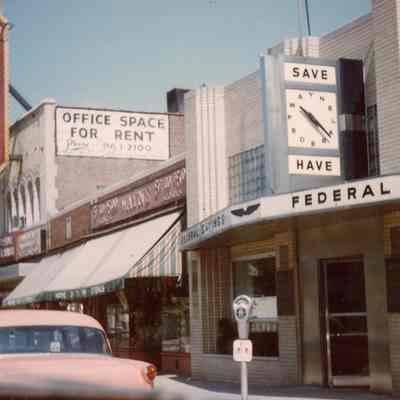 Wayne Theater sign. Wayne 5 and Dime, Wayne Federal Savings and Loan. 1957