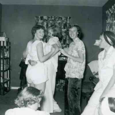 Kay Kalaby, Pat Bingel, Joan Worden, Pat Millar, Mona Rippree and Pat Stewart at Charlotte Held's PJ Party on Oct. 30, 1953.