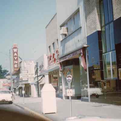 1957. Wayne Theater sign, Wayne Federal Savings, Stuarts, Fishers Cleaners, Linda Lee