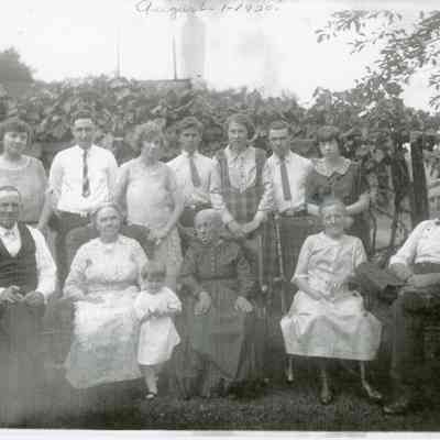 Front row L-R man and woman are related to charlie's wife, Little girl Joyce Gillfoil, Charlie's mother, Charlie Goudy, Charlie wife, Back row Mrs. Gillfoil, Clarance Gillfoil, Haddie Goudy, Hank Goudy, Mollie Goudy, Otto Goudy
