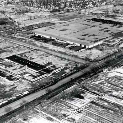 Aerial shot of Venoy and VanBorn. Wayne County Library and Gar Wood visible