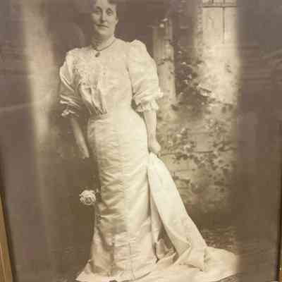 Anna Morrison: 69.53.1 Large framed photo 19 x 23 inch of Mrs. Colin Morrison Anna take a few years after her marriage on June 18, 1902 in her wedding dress.