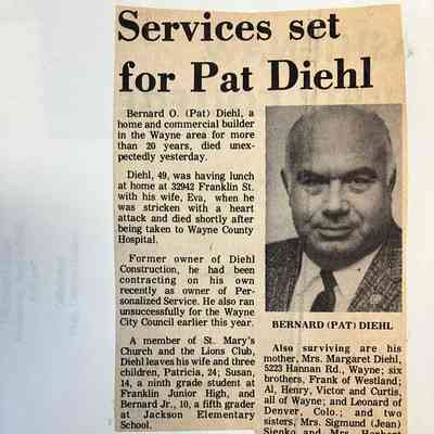 1970 obit for Bernard Pat Diehl. Mentions wife Eva, brothers Frank, Al, Henry, Victor, Curtis, Leonard. Sisters Jean, Bernice.