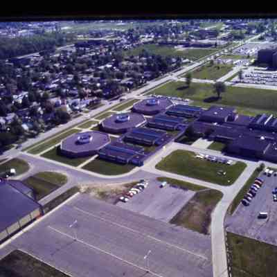 Aerial over Ben Franklin Junior High, looking NE