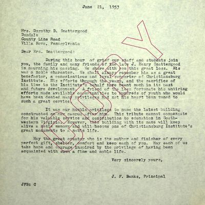 John F. Banks Correspondence: Dorothy Scattergood June, 1953