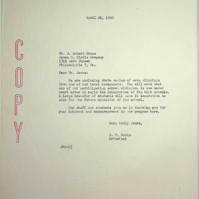John F. Banks Correspondence: J. Robert James April, 1960