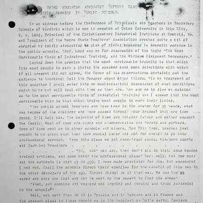 "Negro Educator Advocates Putting Teachers of Domestic Service in Public Schools", undated (photocopy)