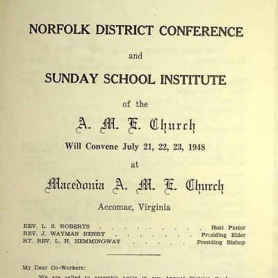 Norfolk District Conference and Sunday School Institute of the A.M.E Church 1948
