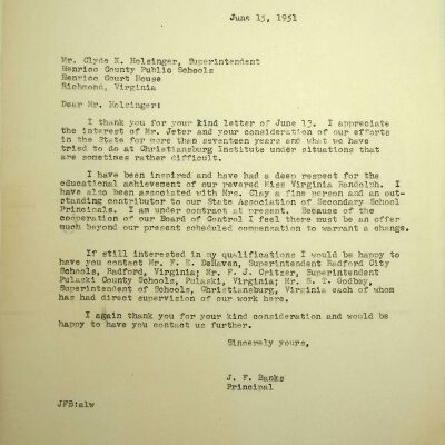 John F. Banks Correspondence: Clyde Holsinger June, 1951