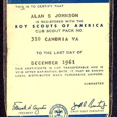 Laminated Cub Scout Card for Alan S. Johnson, 1961