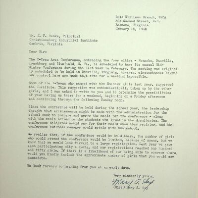 John F. Banks Correspondence: Lula Williams Branch YWCA January, 1951