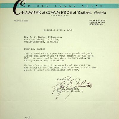 John F. Banks Correspondence: Ray B. Johnson December, 1954