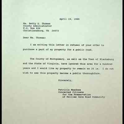 Meadows, Patricia. Letter Refusing Offer to Purchase Property for Road