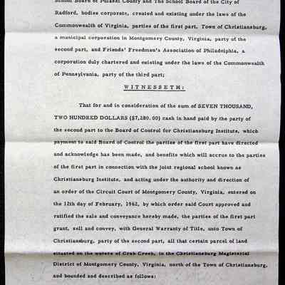 Christiansburg Institute Deed, 1962