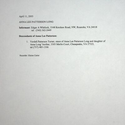 Anna Lee Patterson Long, CII Faculty, Biography File