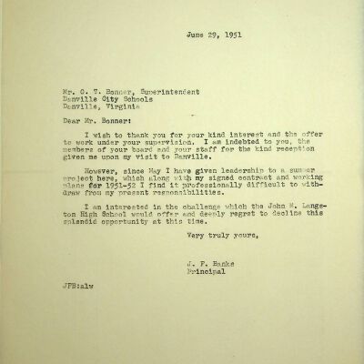 John F. Banks Correspondence: O. T. Bonner June, 1951